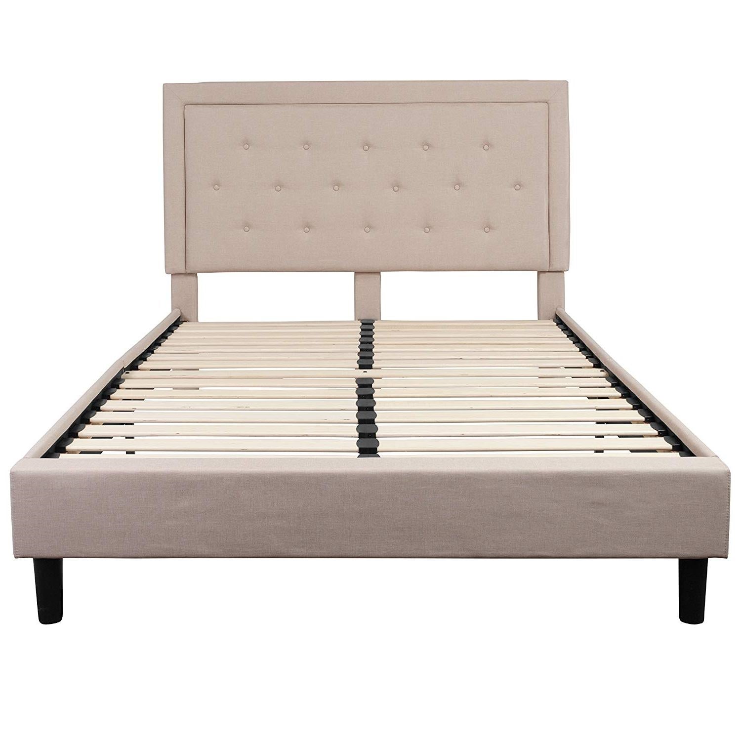 Queen Beige Upholstered Platform Bed Frame with Button Tufted Headboard-1