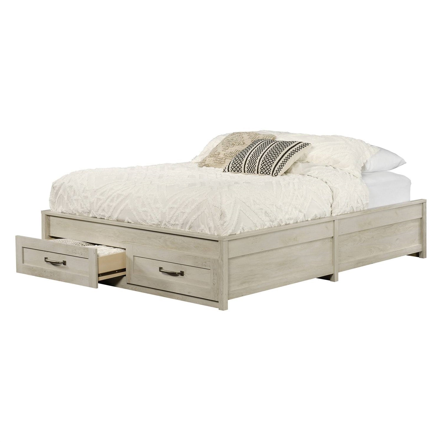 Queen Farmhome Platform Bed with Storage Drawers in Off-White Wood Finish-0