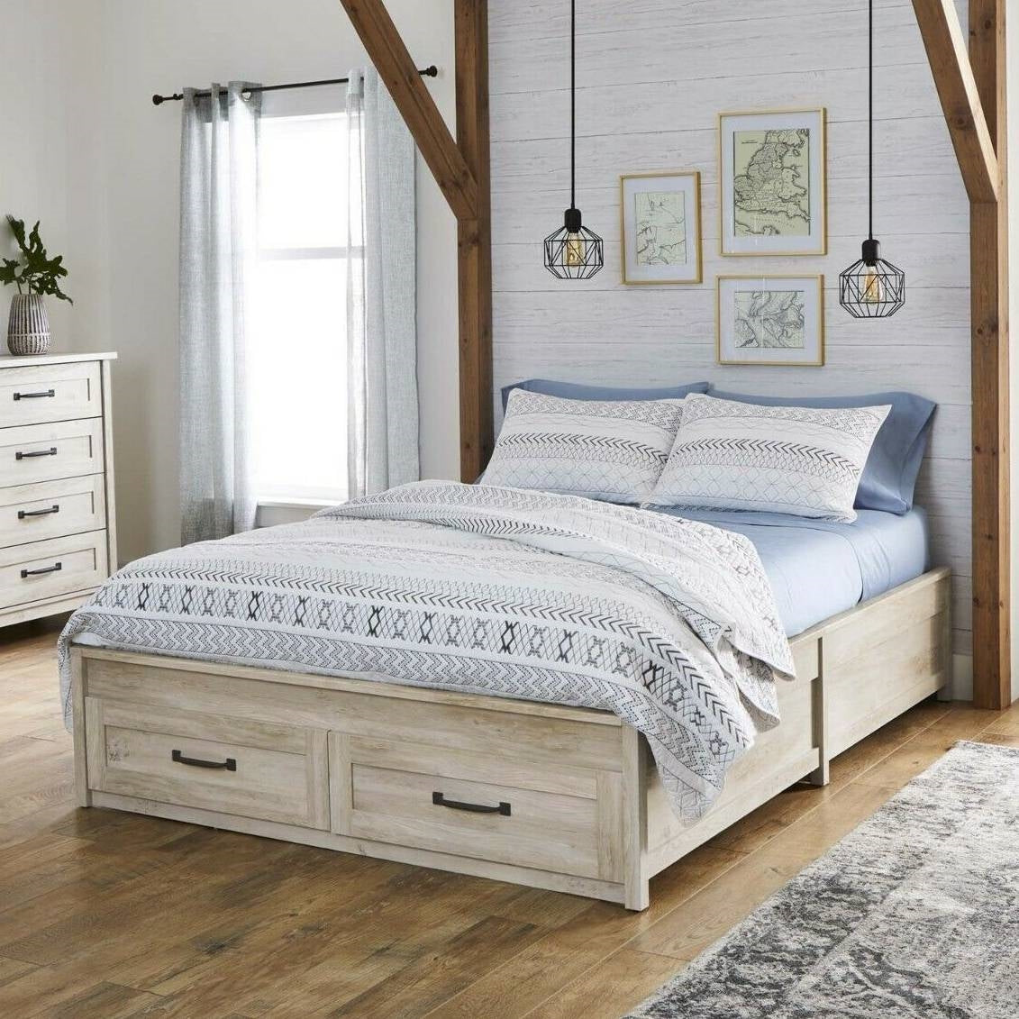 Queen Farmhome Platform Bed with Storage Drawers in Off-White Wood Finish-1