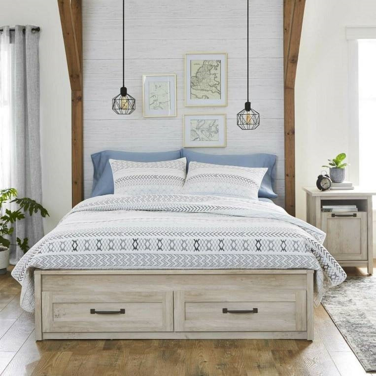 Queen Farmhome Platform Bed with Storage Drawers in Off-White Wood Finish-2