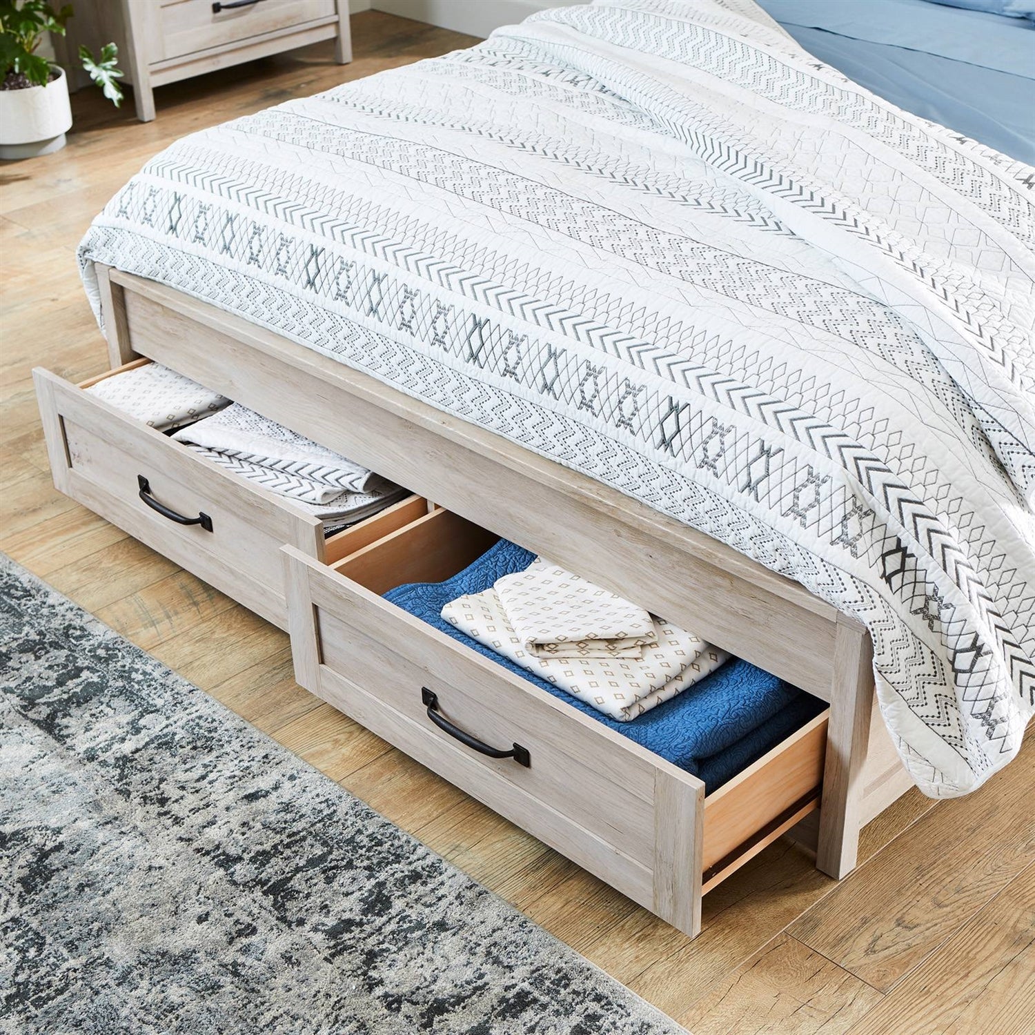 Queen Farmhome Platform Bed with Storage Drawers in Off-White Wood Finish-3