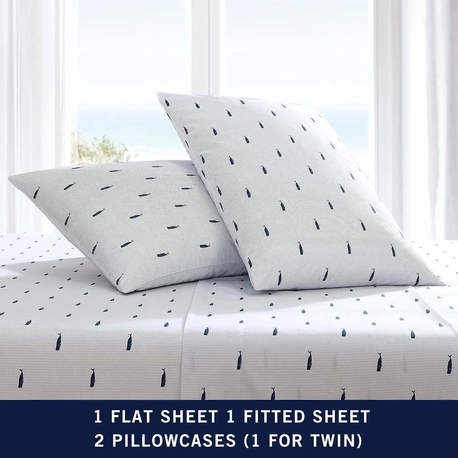 Queen size Coastal Beach 100-Percent Cotton Navy Blue White Stripe Sheet Set-4