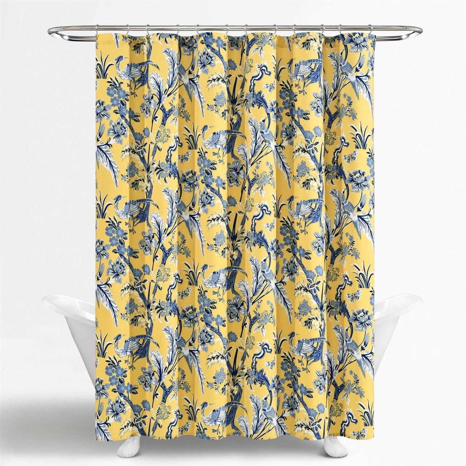 72-inch Yellow Navy Blue White Exotic Birds Floral Polyester Shower Curtain-0