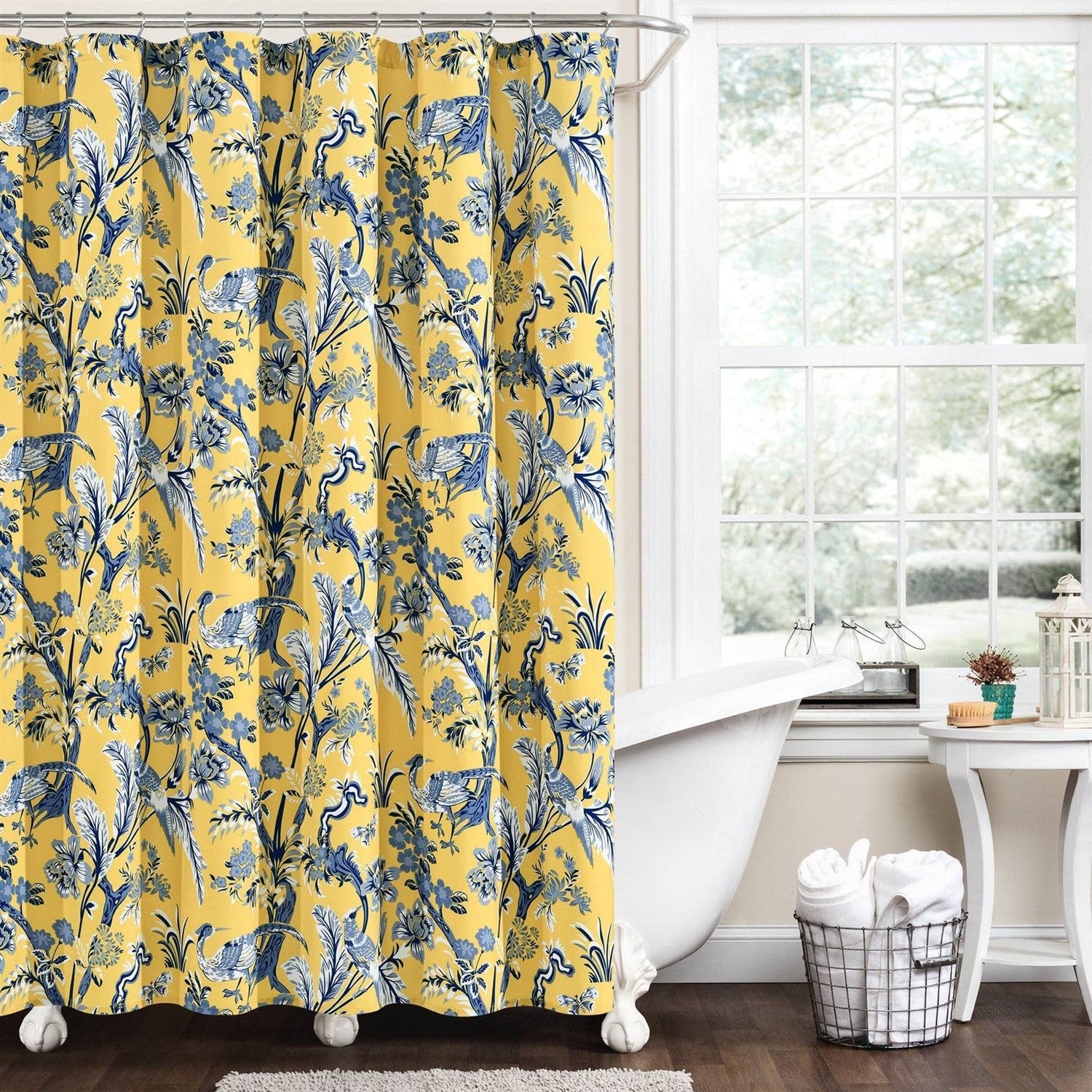 72-inch Yellow Navy Blue White Exotic Birds Floral Polyester Shower Curtain-1