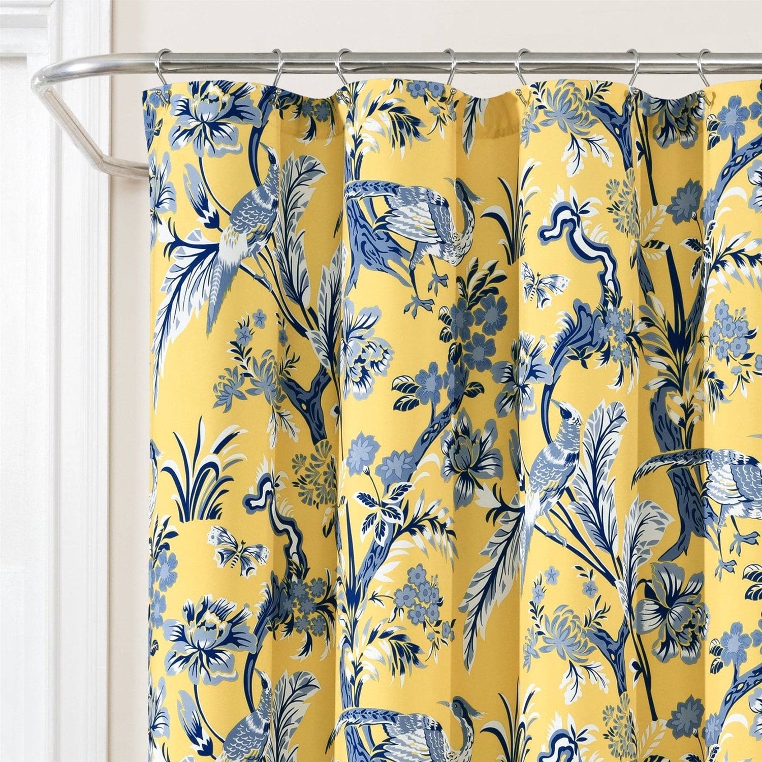 72-inch Yellow Navy Blue White Exotic Birds Floral Polyester Shower Curtain-2