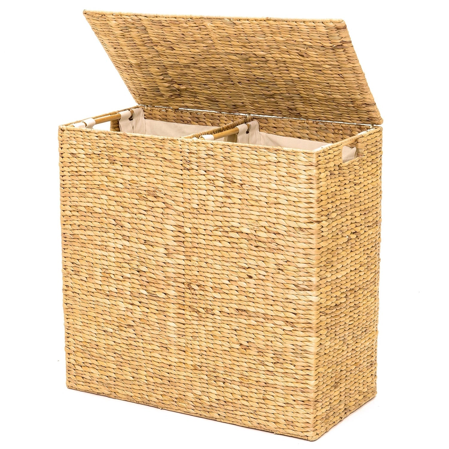 Natural 2-Bin Handwoven Hyacinth Linen Liner Laundry Hamper w/ Handles-0