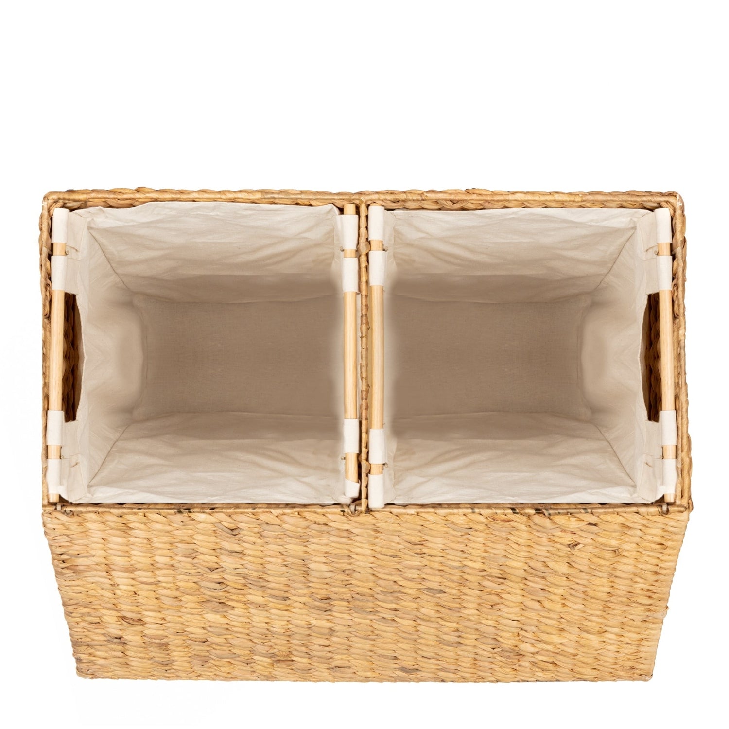 Natural 2-Bin Handwoven Hyacinth Linen Liner Laundry Hamper w/ Handles-2