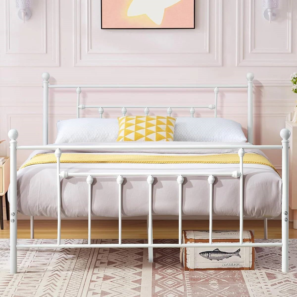 Queen size Vintage Style White Metal Platform Bed Frame with Headboard Footboard-1