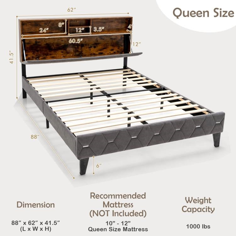 Queen Size Velvet Upholstered Open/Close Storage Headboard Platform Bed-3