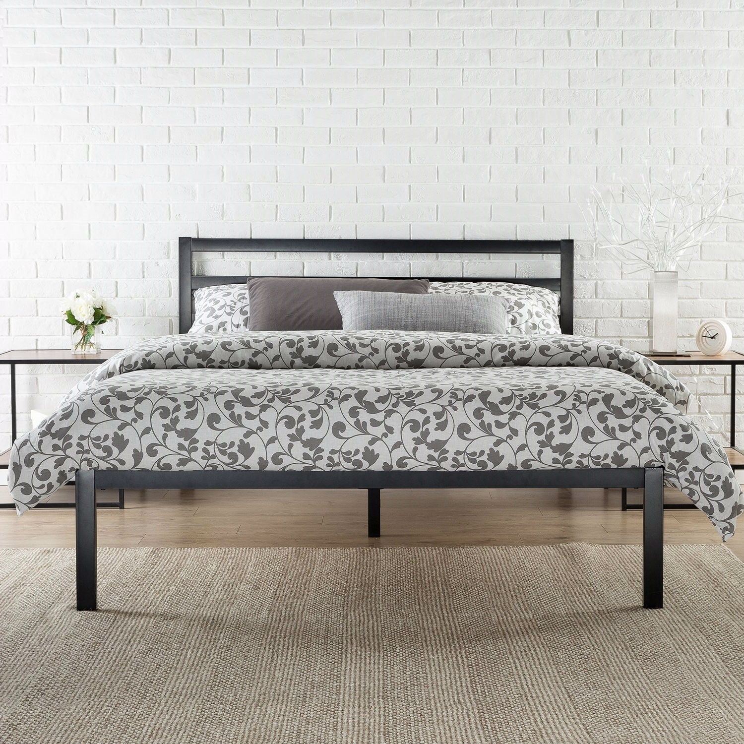 Queen Metal Platform Bed Frame with Headboard and Wood Slats-2