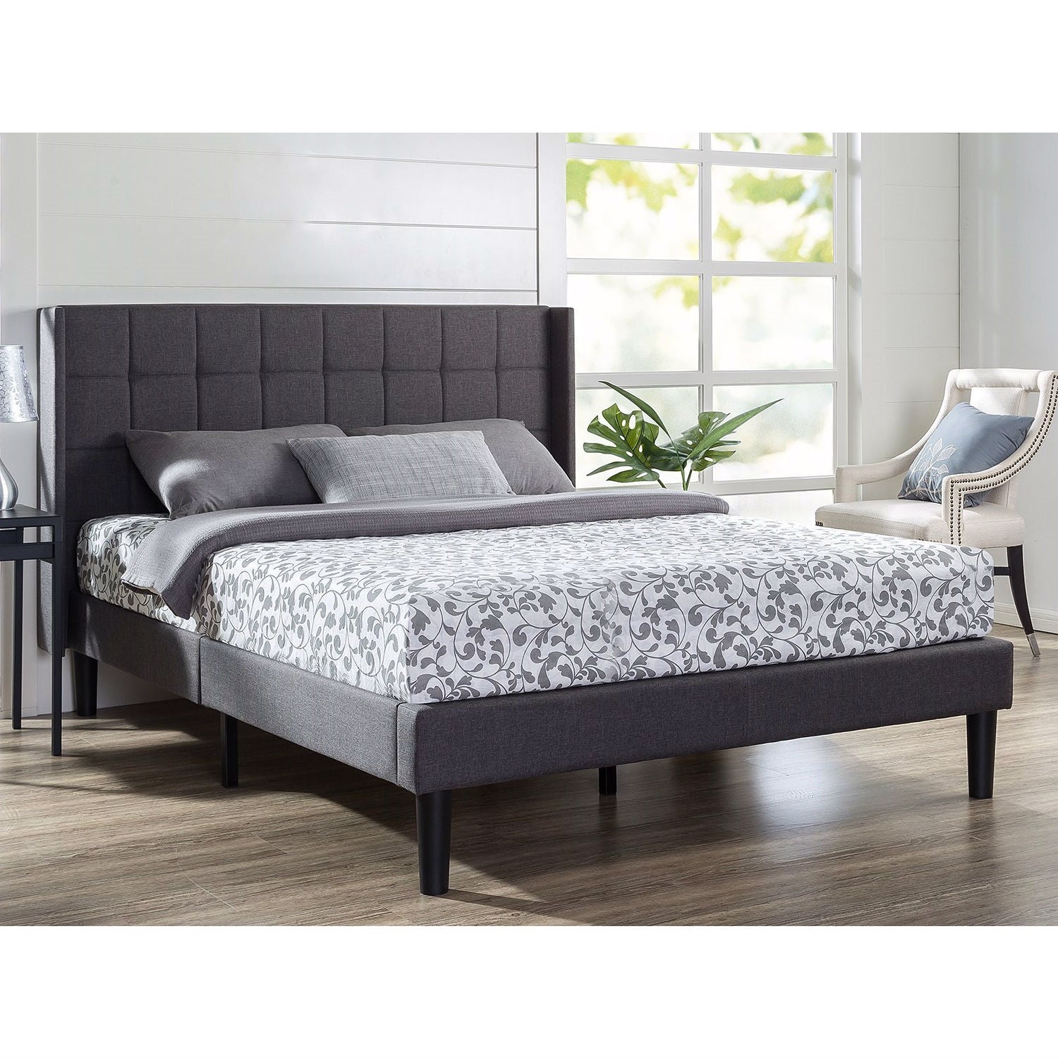 Queen size Grey Wingback Upholstered Platform Bed-0