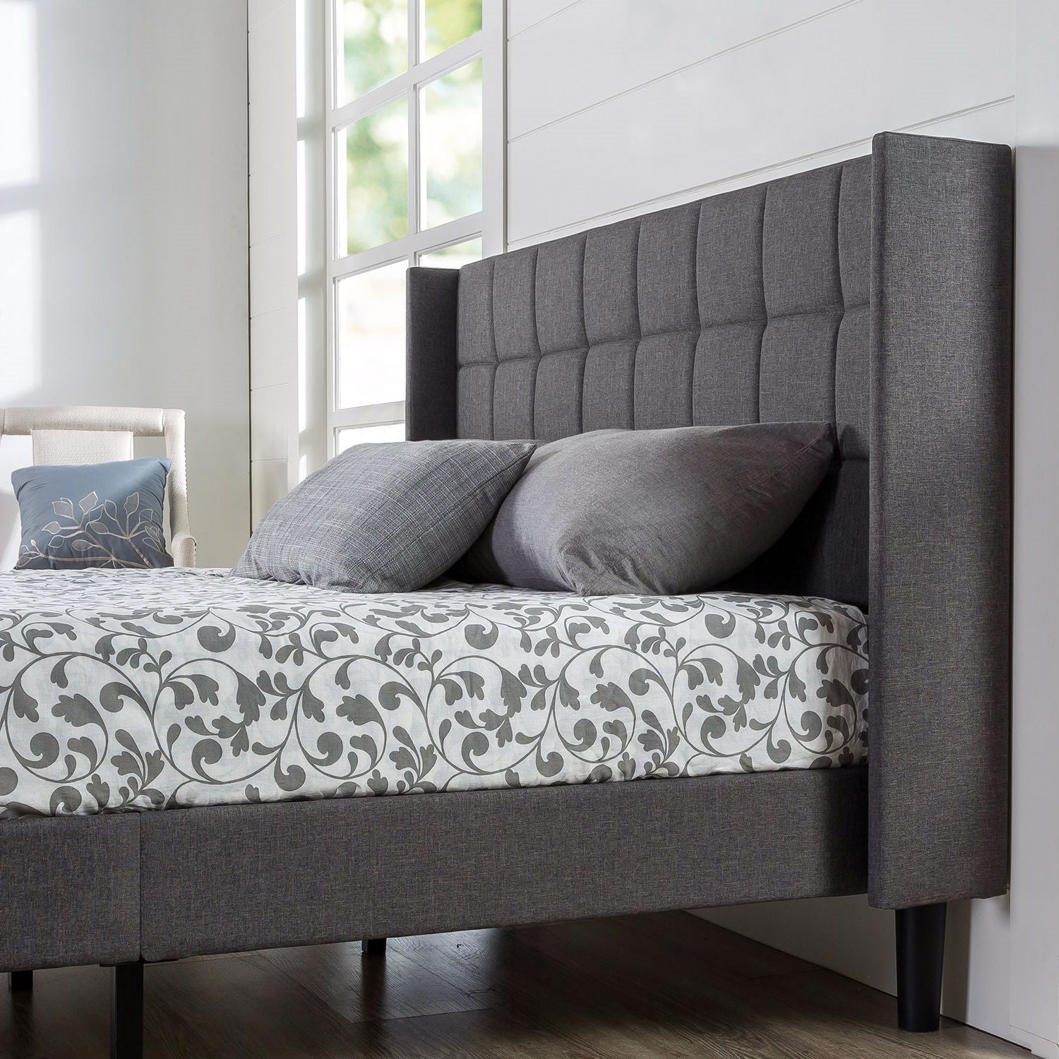 Queen size Grey Wingback Upholstered Platform Bed-2