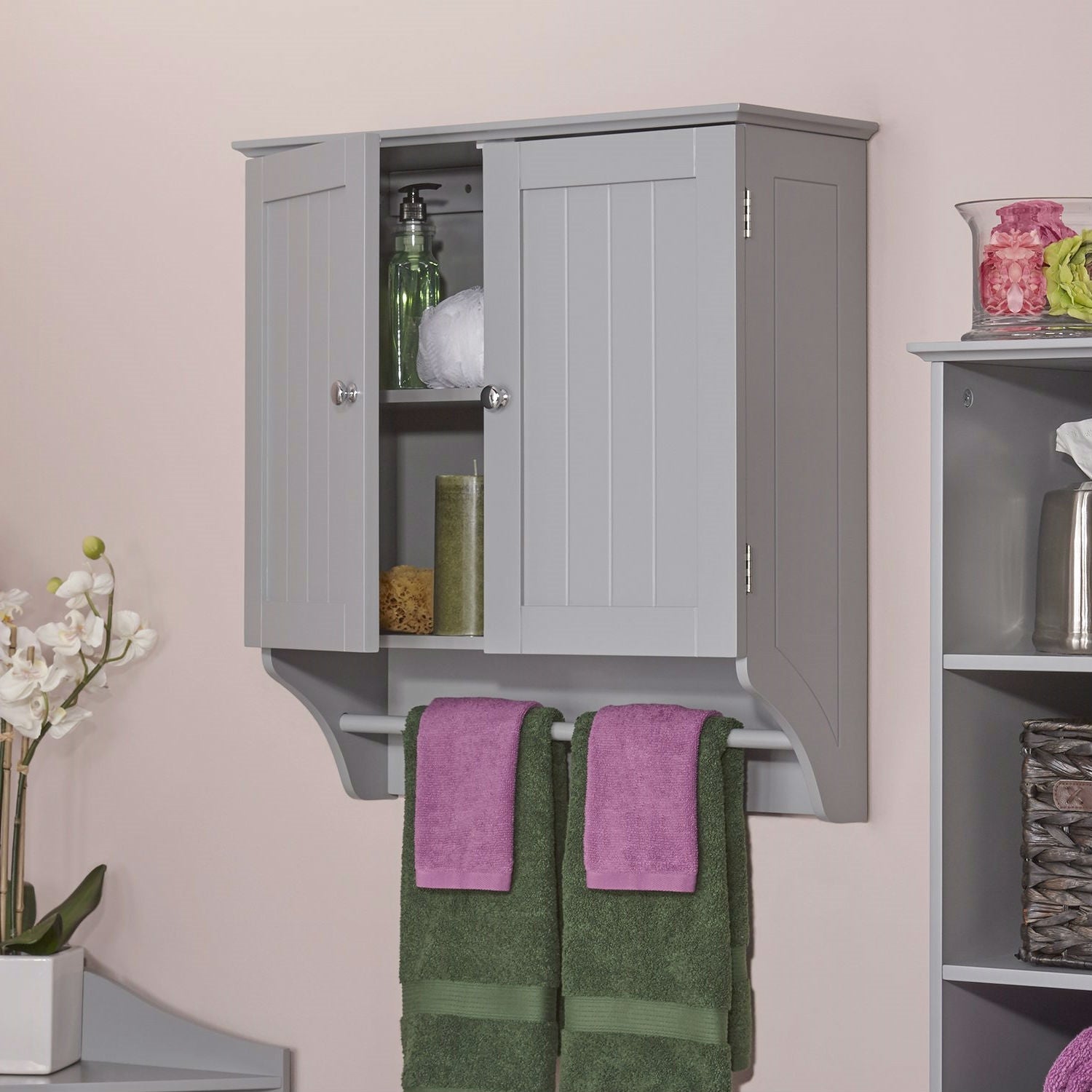 Gray 2-Door Bathroom Wall Cabinet with Towel Bar-1