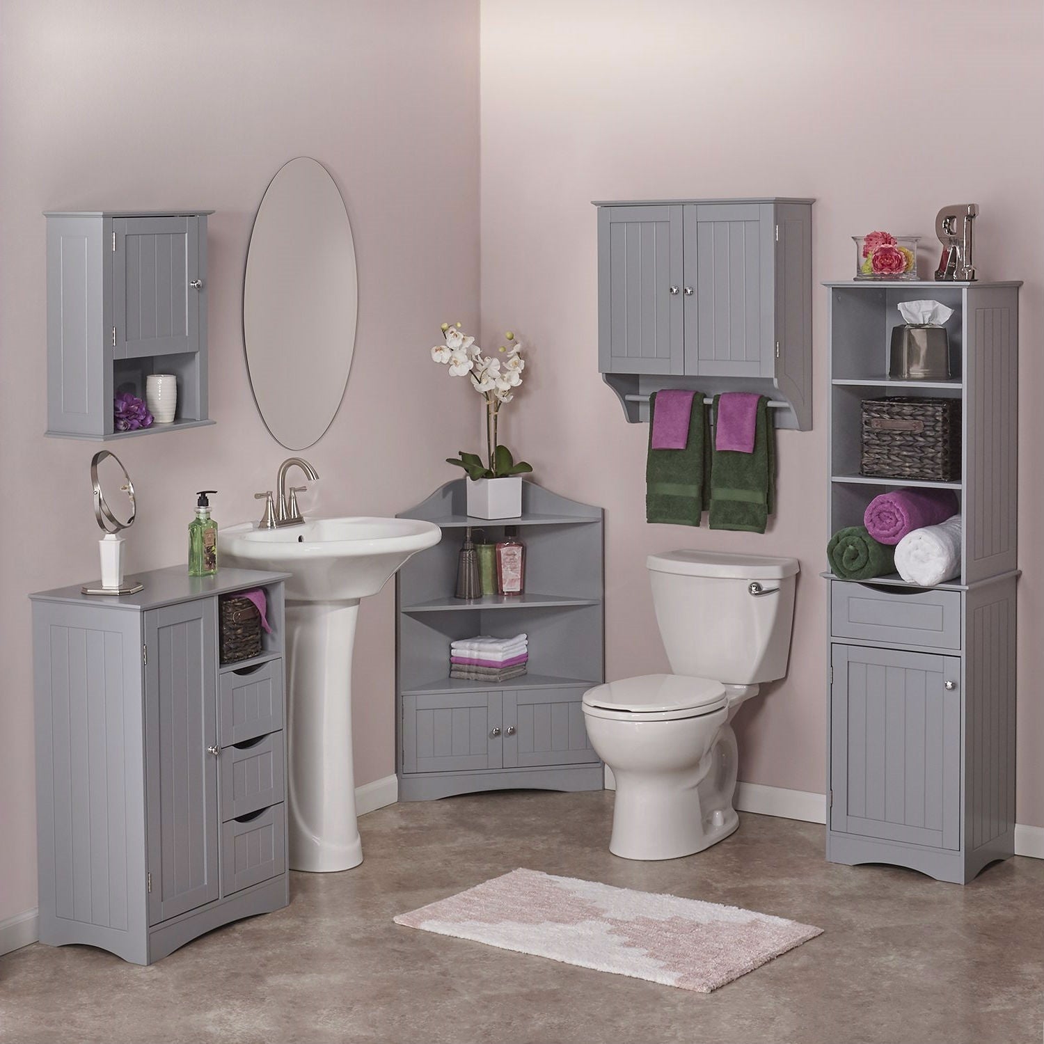 Gray 2-Door Bathroom Wall Cabinet with Towel Bar-2