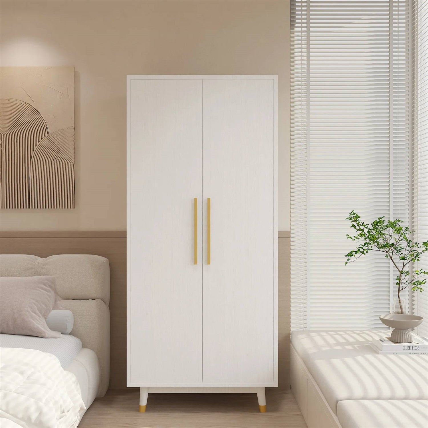 Mid-Century Modern 2-Door Bedroom Armoire Wardrobe Cabinet in White-0