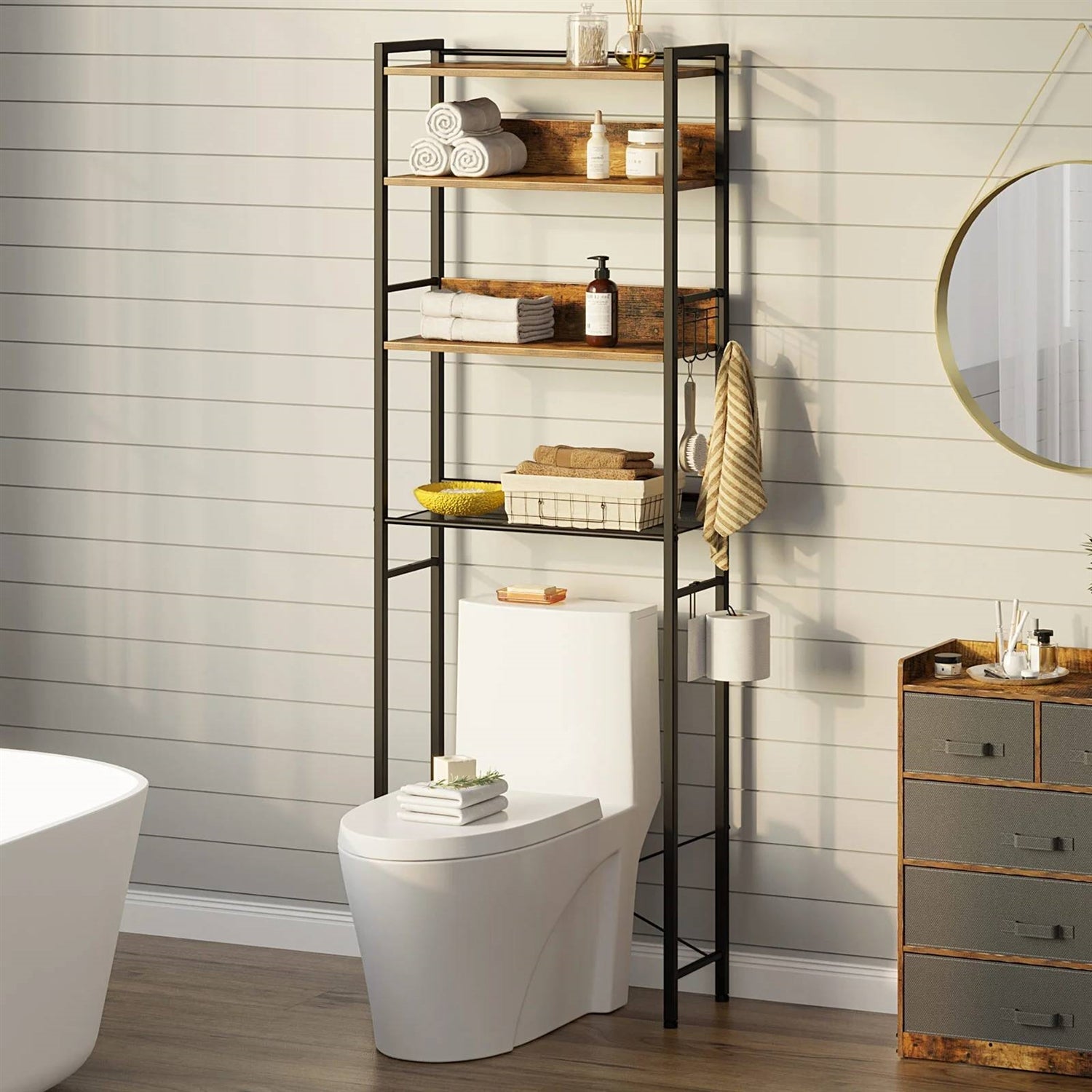 Over the Toilet Storage Freestanding Modern Black Metal Brown Wood Shelving Unit-0