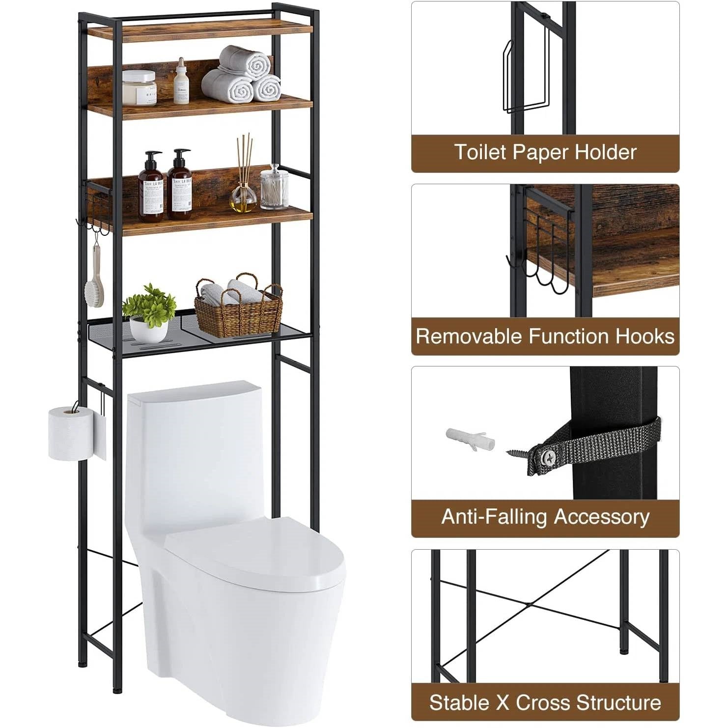 Over the Toilet Storage Freestanding Modern Black Metal Brown Wood Shelving Unit-2