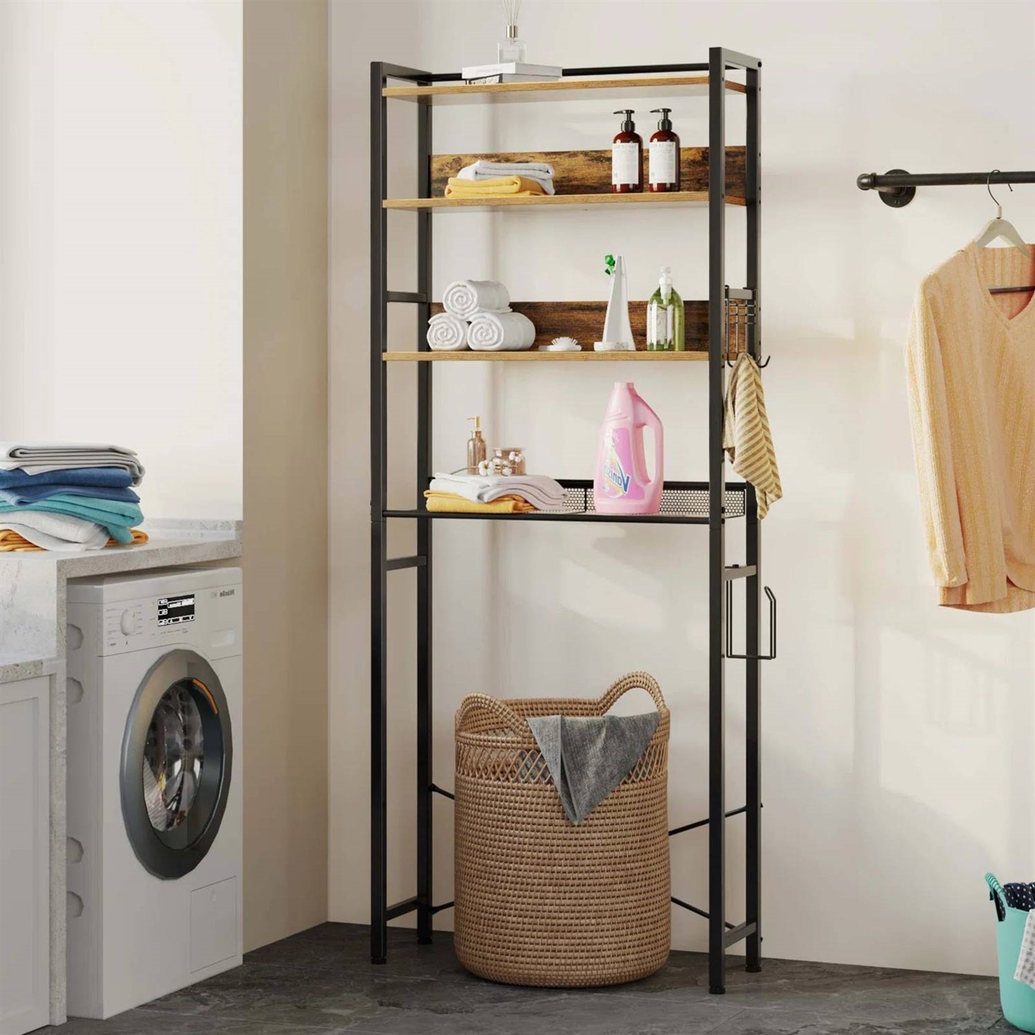 Over the Toilet Storage Freestanding Modern Black Metal Brown Wood Shelving Unit-3