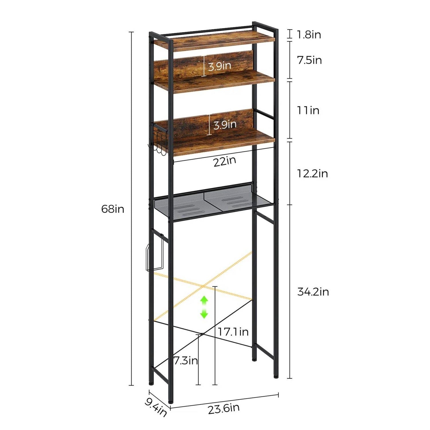 Over the Toilet Storage Freestanding Modern Black Metal Brown Wood Shelving Unit-4