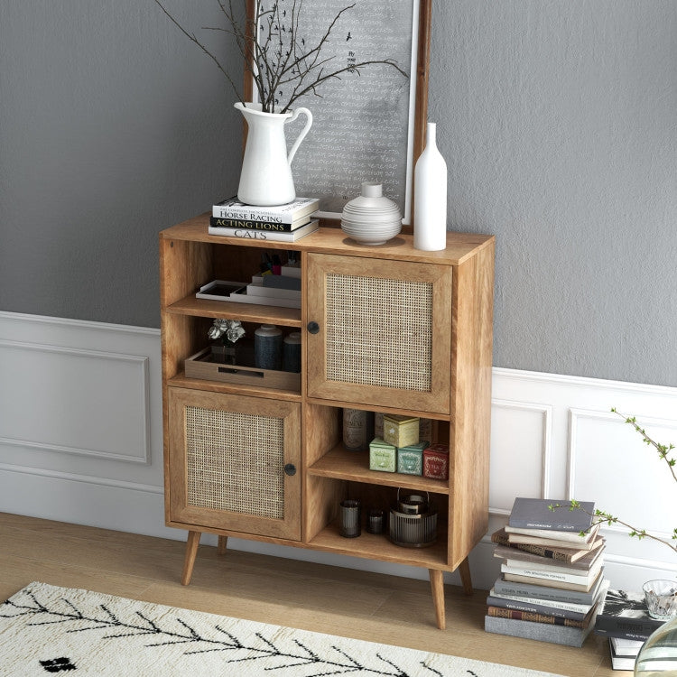 Mid-Century Modern Wood Sideboard Dining Buffet Storage Cabinet w/ Rattan Doors-2