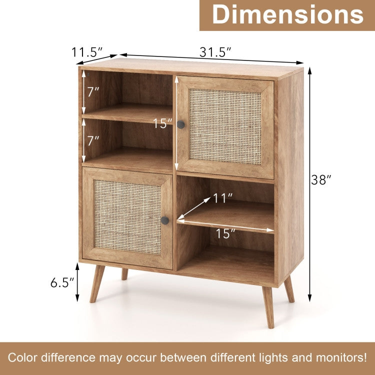 Mid-Century Modern Wood Sideboard Dining Buffet Storage Cabinet w/ Rattan Doors-4