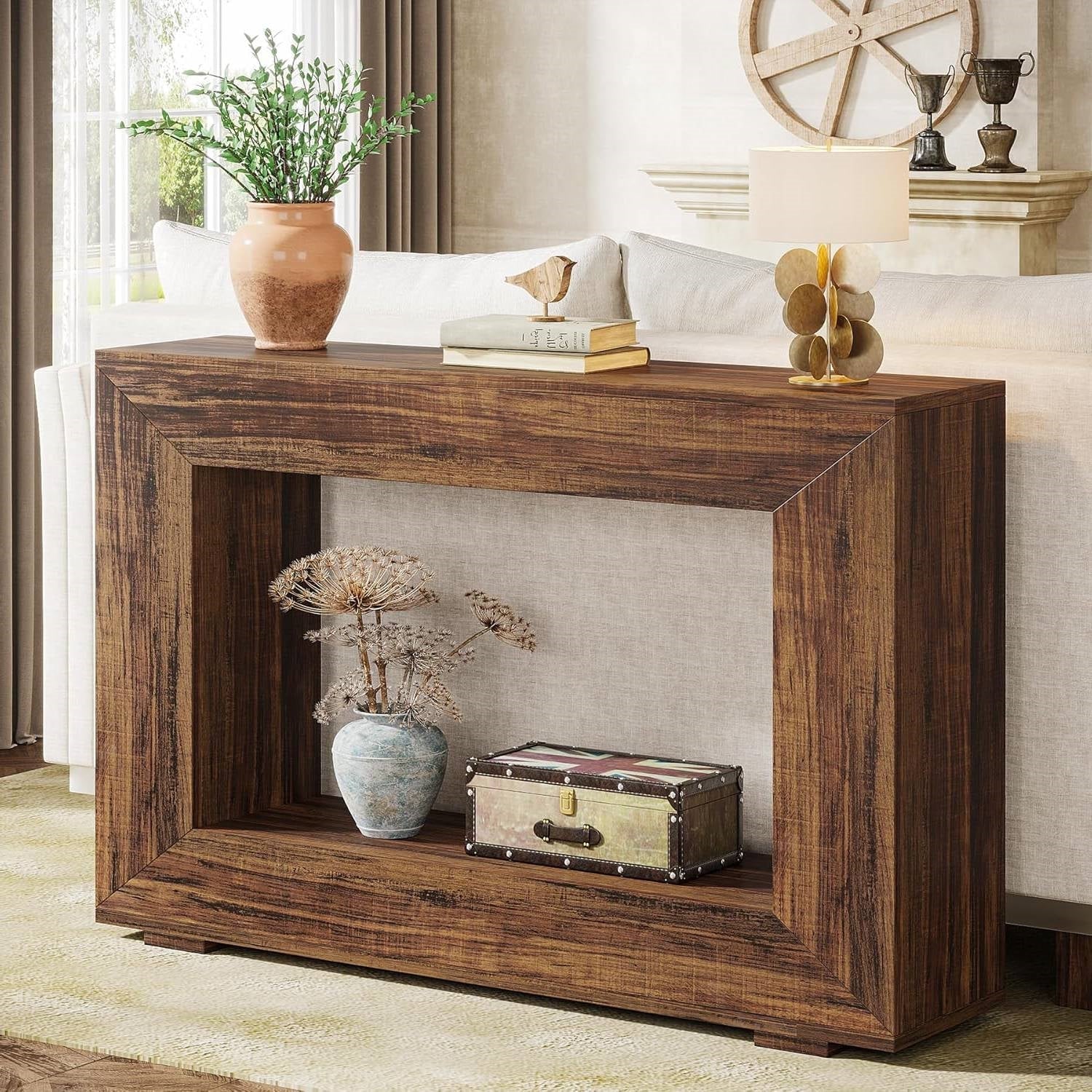 Modern Farmhouse 47-inch Long Entryway Console Table in Rustic Brown Wood Finish-0