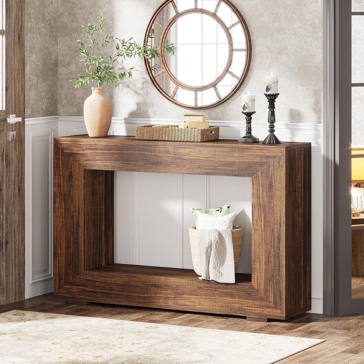 Modern Farmhouse 47-inch Long Entryway Console Table in Rustic Brown Wood Finish-1