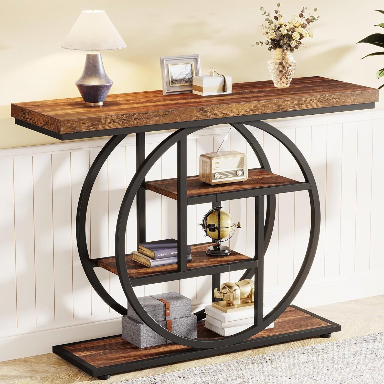 Modern Industrial 41-inch Long Narrow Entryway Foyer Console Table with Shelves-0