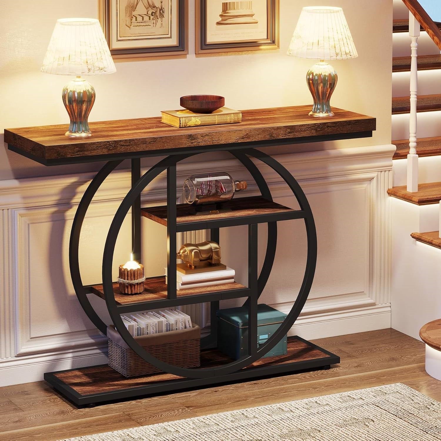 Modern Industrial 41-inch Long Narrow Entryway Foyer Console Table with Shelves-2