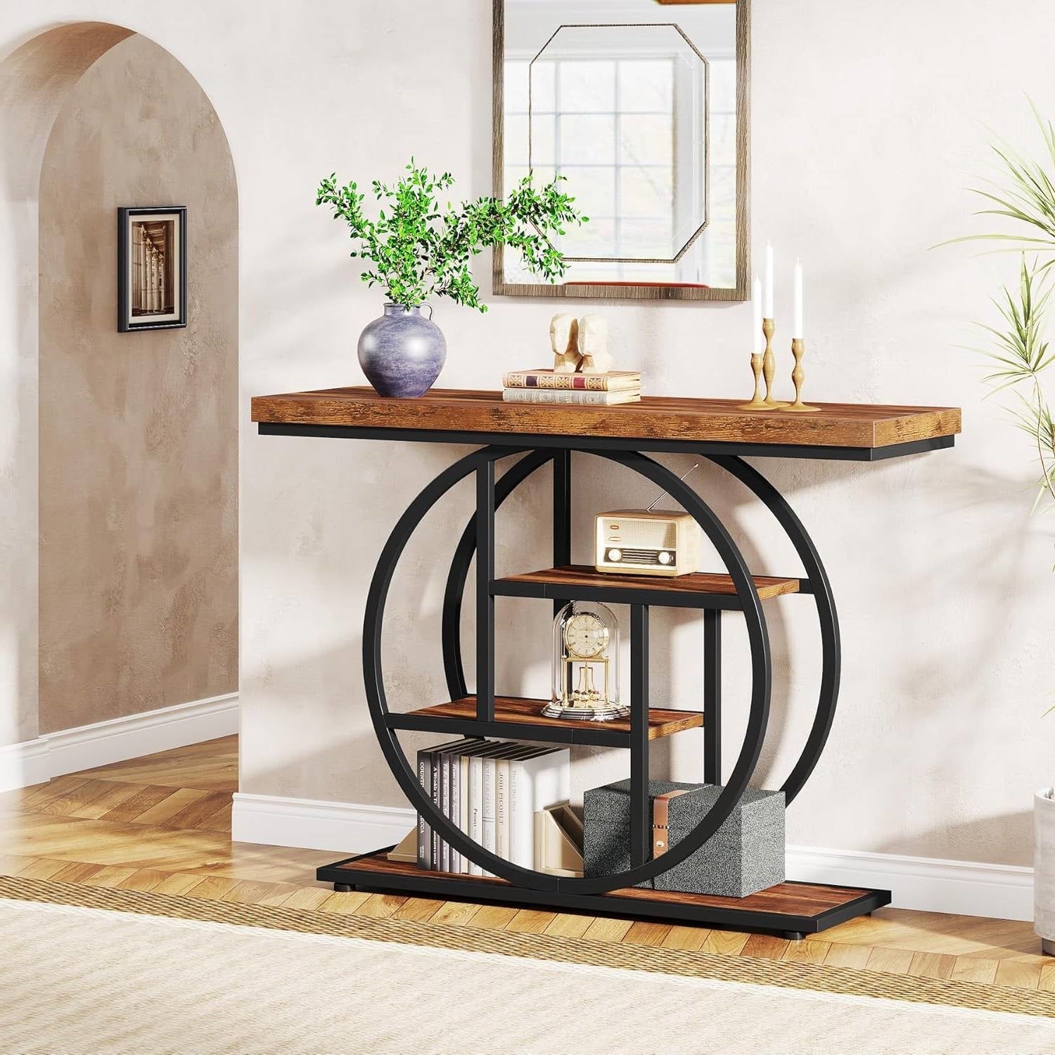 Modern Industrial 41-inch Long Narrow Entryway Foyer Console Table with Shelves-3