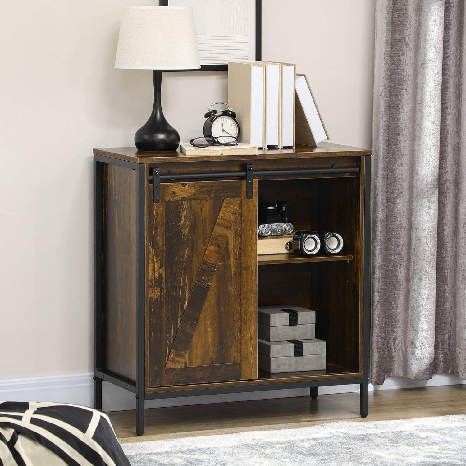 Farmhouse Buffet Cabinet Sideboard with Sliding Door in Rustic Brown Wood Finish-1