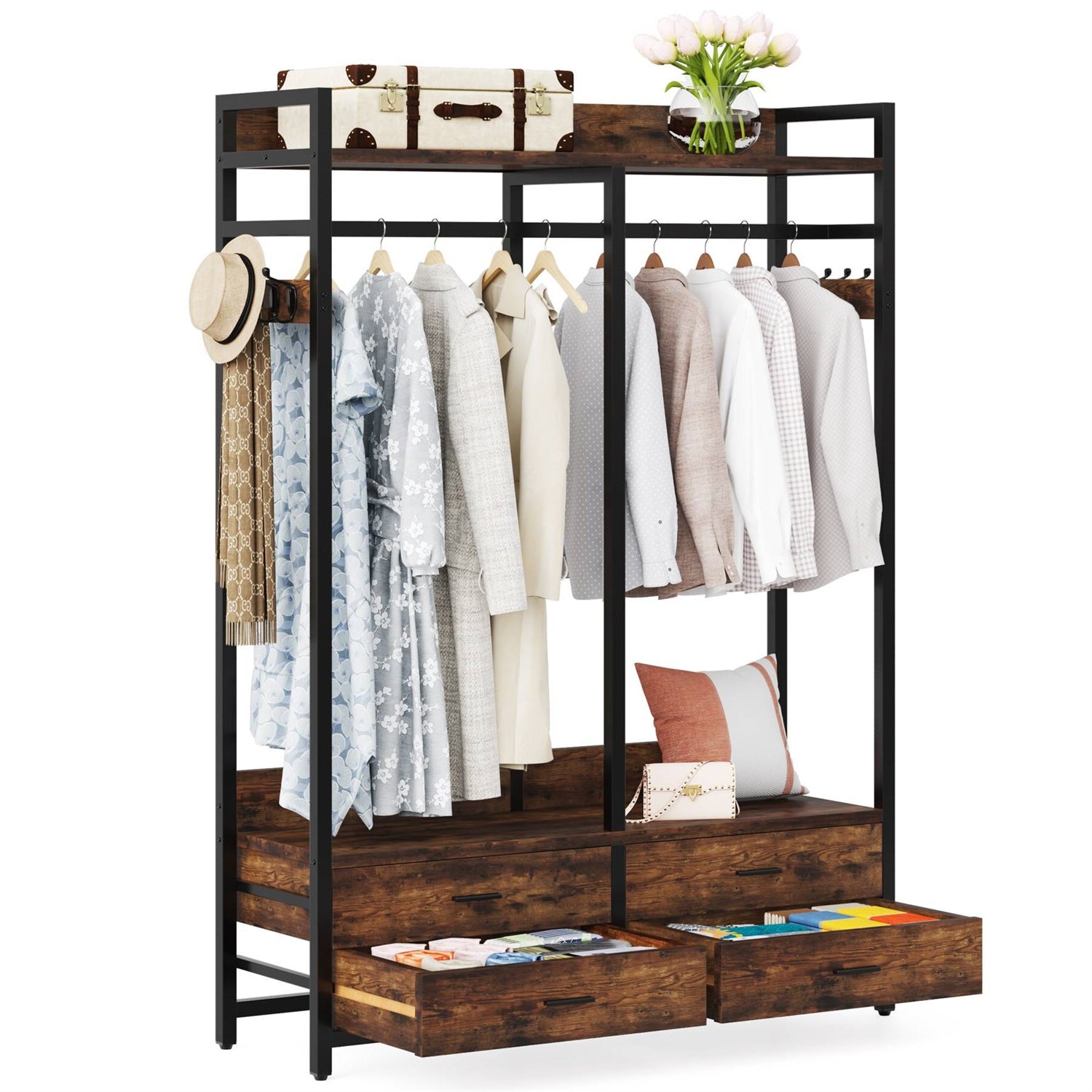 Heavy Duty Brown Black Garment Rack Clothes Hanging Rod with 4 Storage Drawers-0