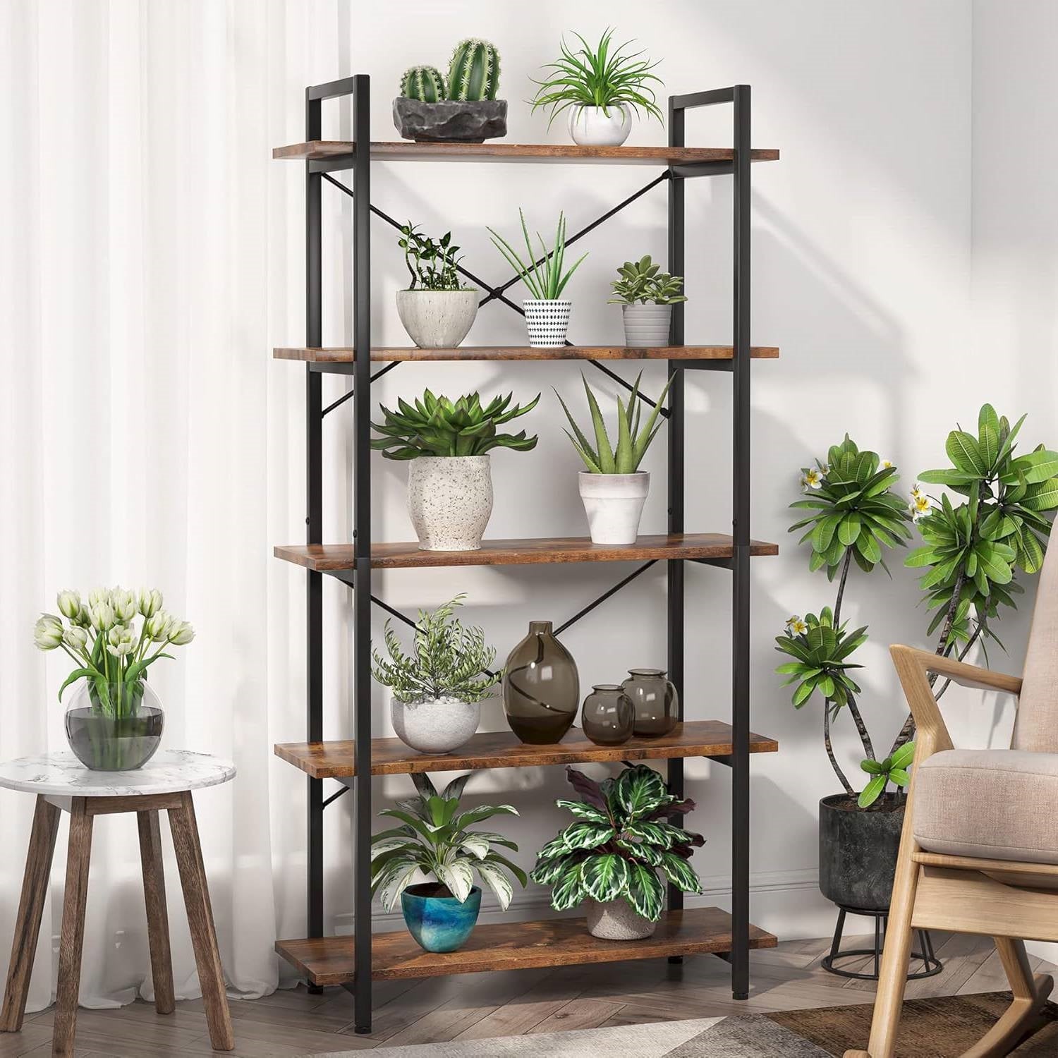 Modern Industrial 5-Shelf Bookcase with Sturdy Metal Frame and Wooden Shelves-0