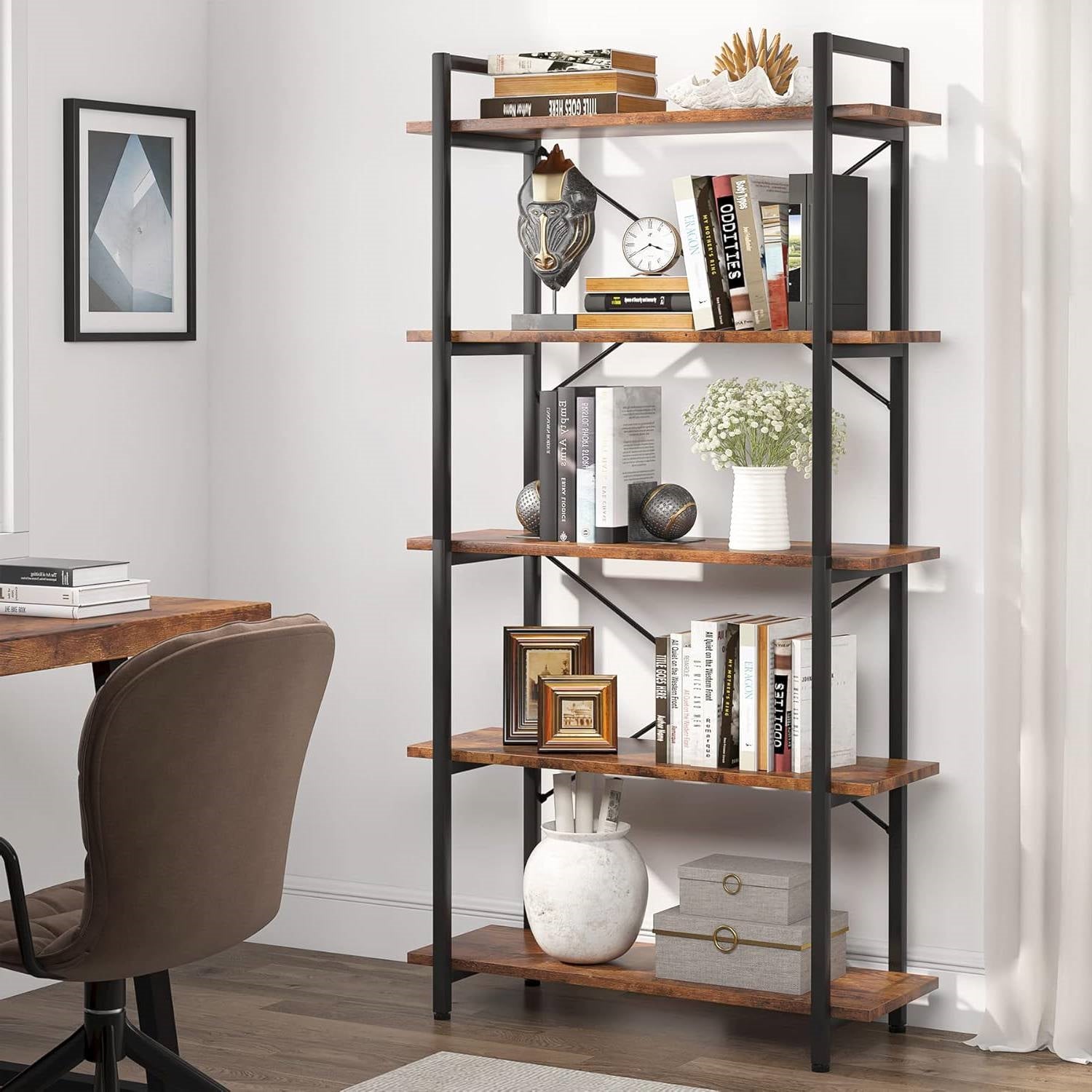 Modern Industrial 5-Shelf Bookcase with Sturdy Metal Frame and Wooden Shelves-2