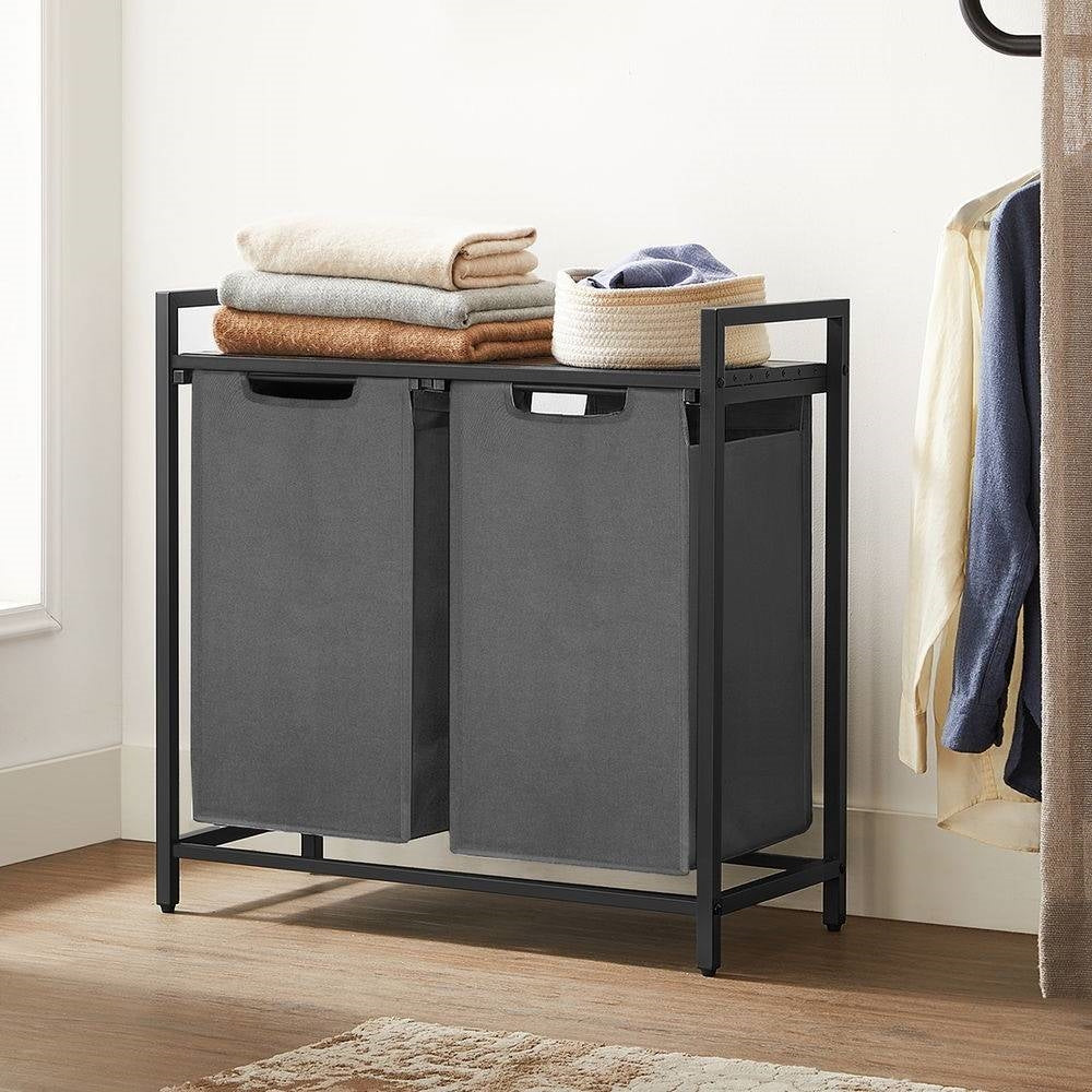 Modern Grey 2-Basket Laundry Hamper Sorter Black Frame Rustic Brown Top Shelf-1