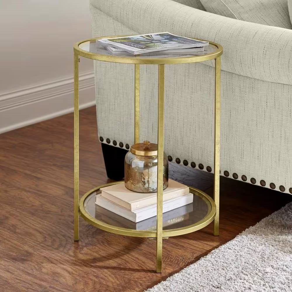 Round Accent Side Table Gold Metal Glass Top Bottom Shelf End Table-0