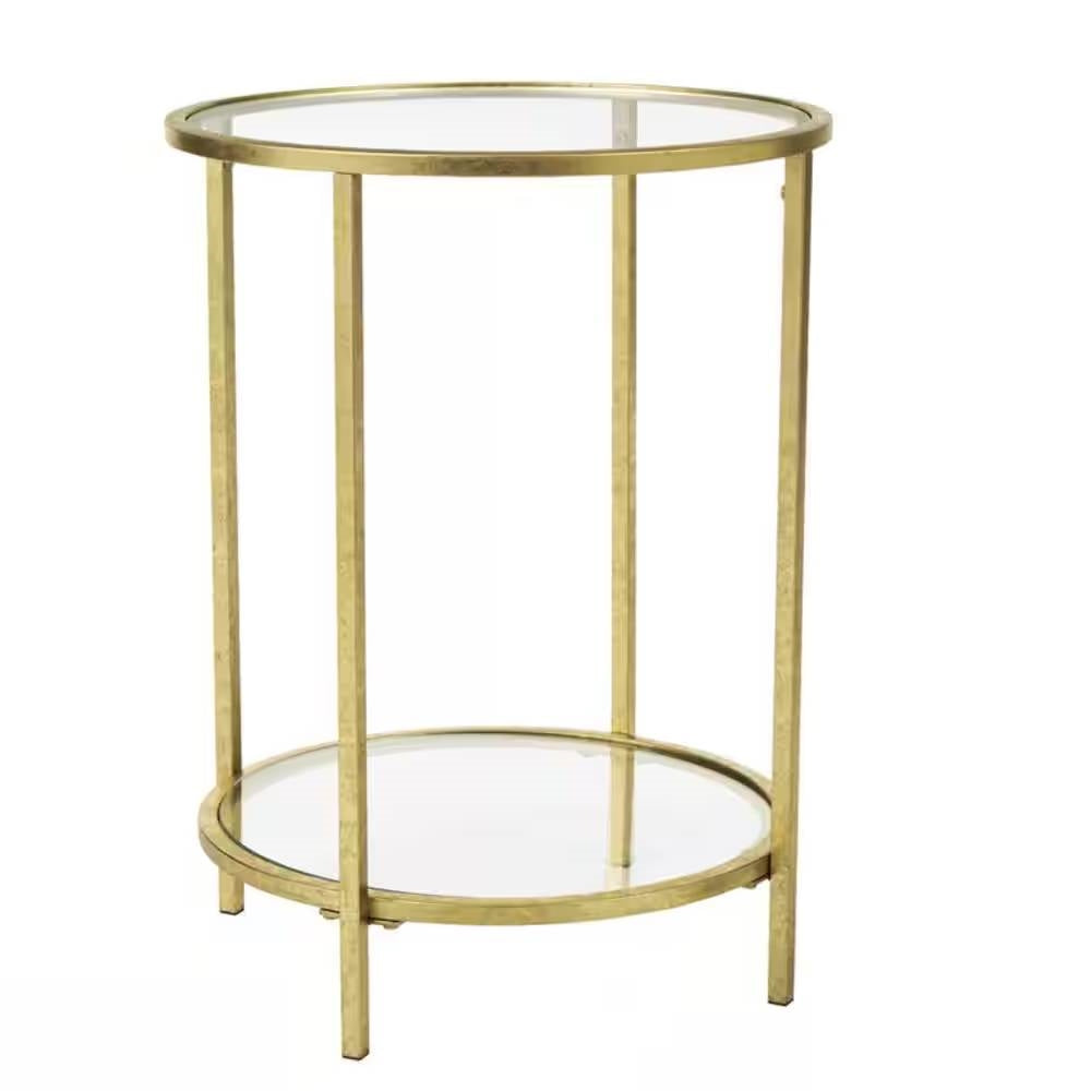 Round Accent Side Table Gold Metal Glass Top Bottom Shelf End Table-2