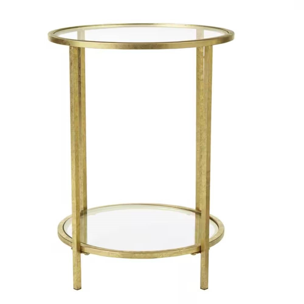 Round Accent Side Table Gold Metal Glass Top Bottom Shelf End Table-3