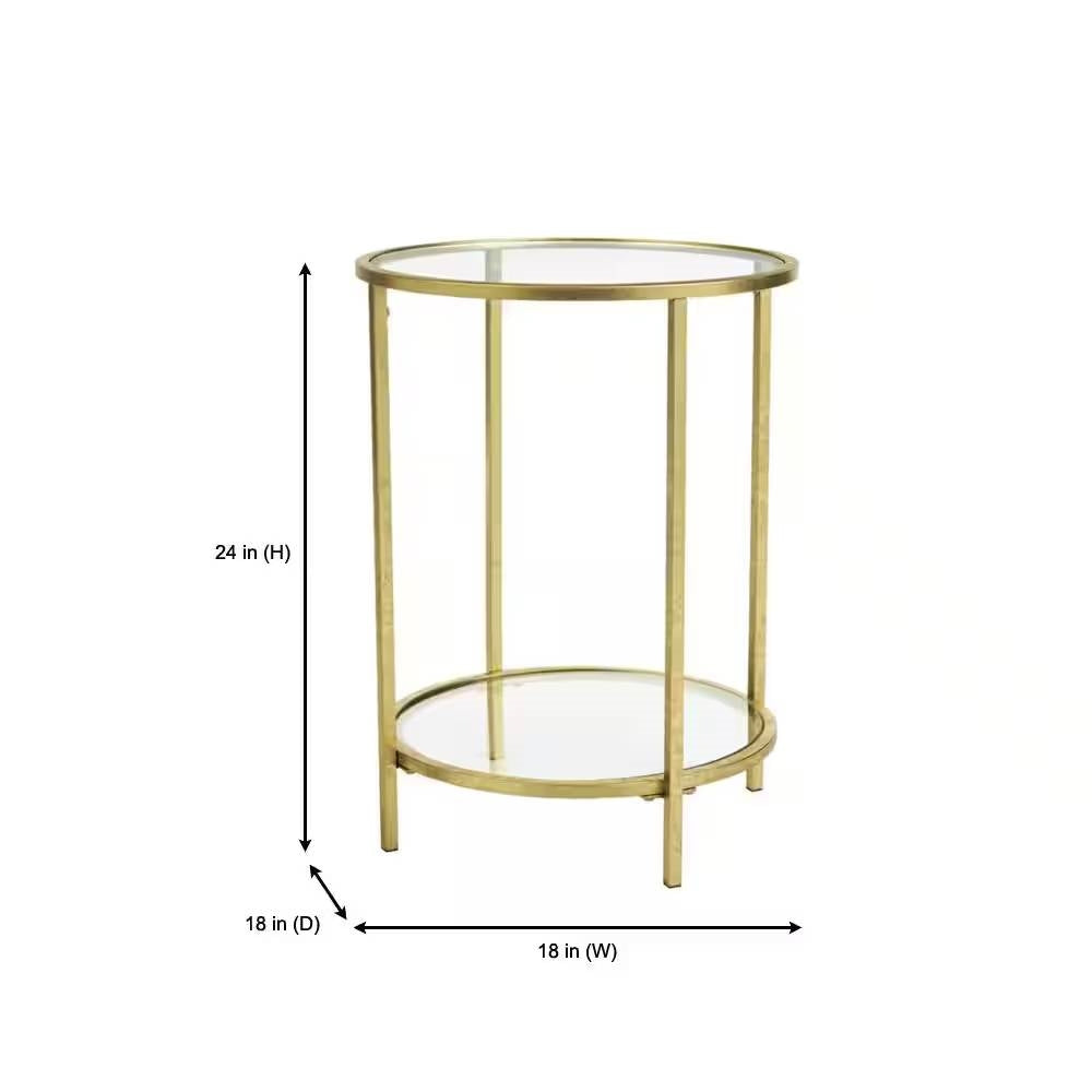 Round Accent Side Table Gold Metal Glass Top Bottom Shelf End Table-4