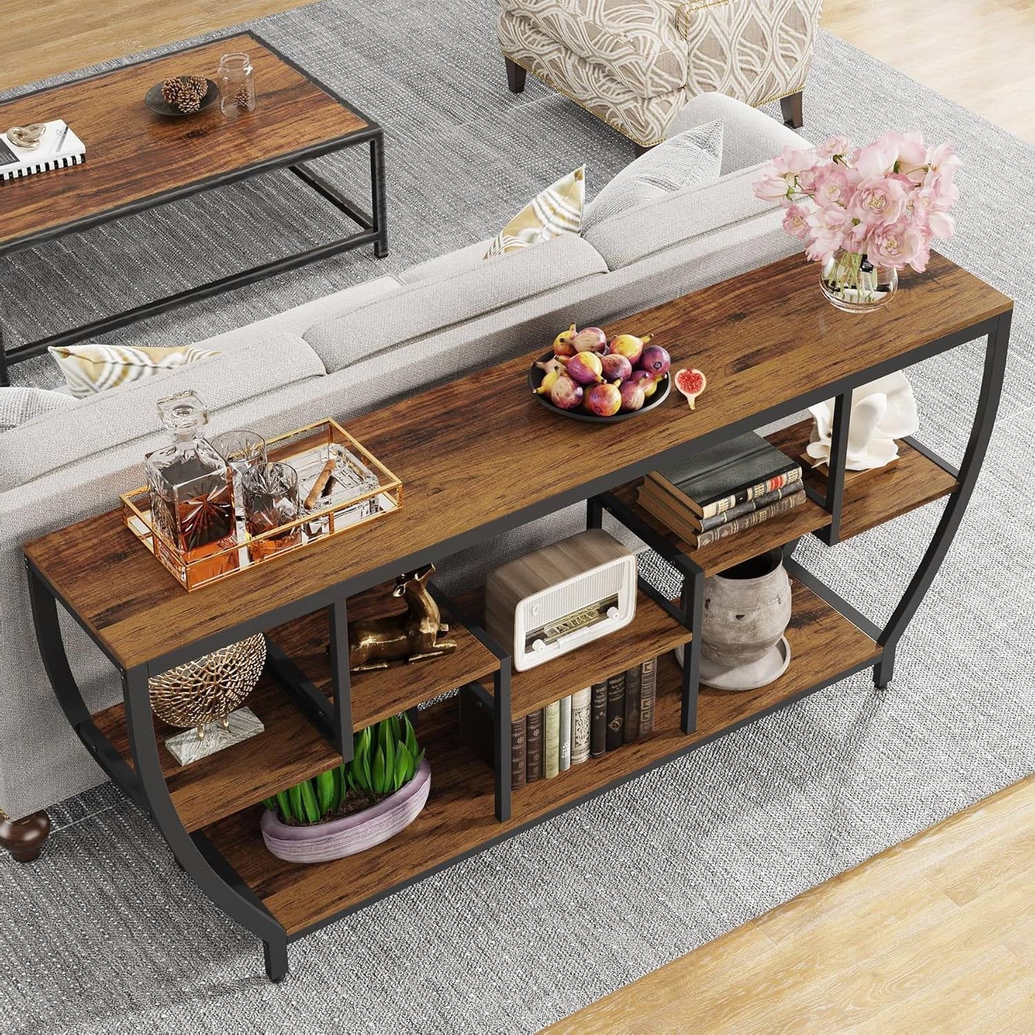 Industrial Modern 70-inch Long Narrow Console Sofa Table with Brown Wood Shelves-2