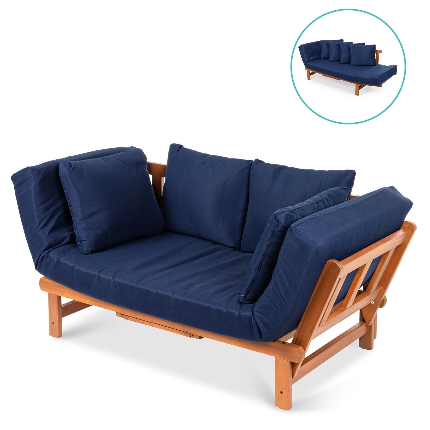 Navy Blue Outdoor Acacia Wood Convertible Sofa Futon with 4 Removable Pillows-0