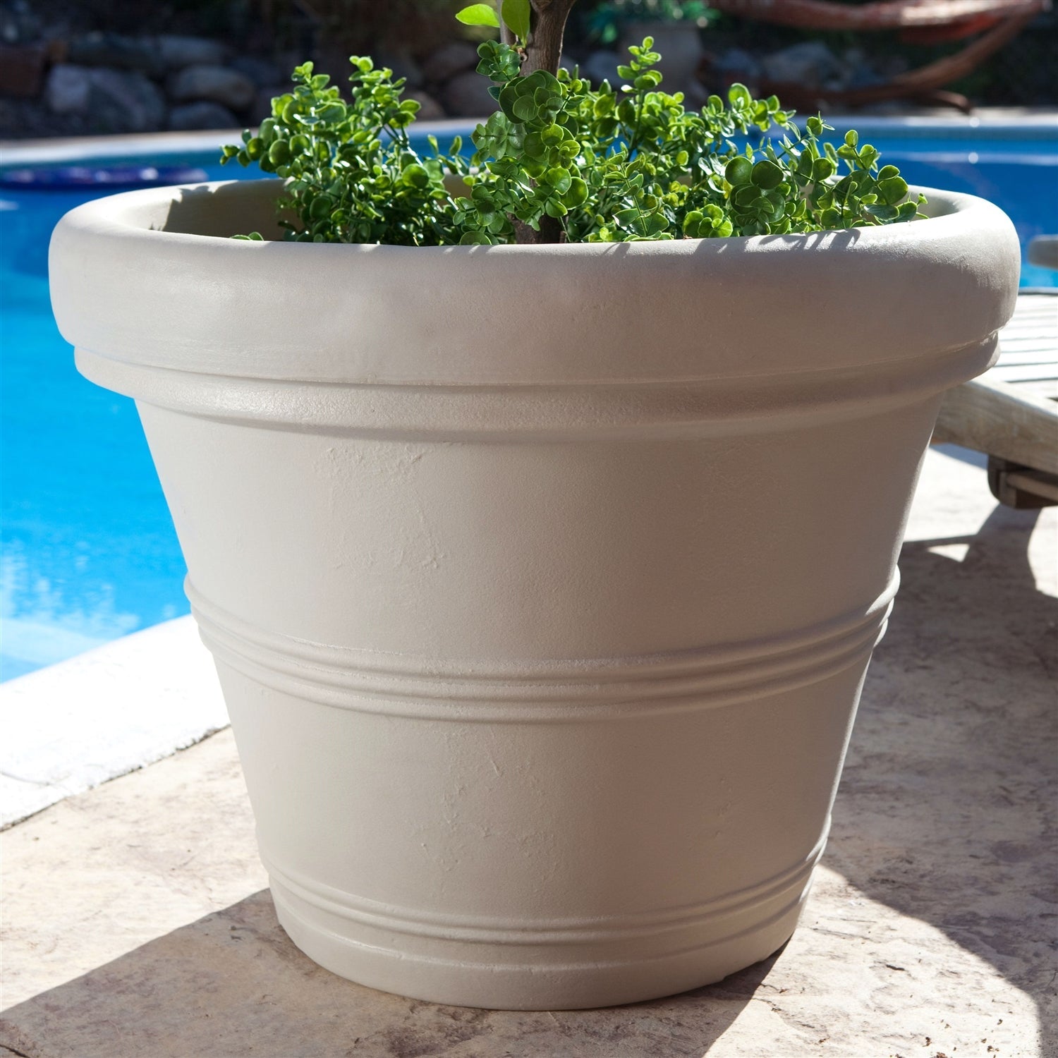 Round 26-inch Outdoor Patio Planter for Small Tree in Weathered Concrete Finish-0