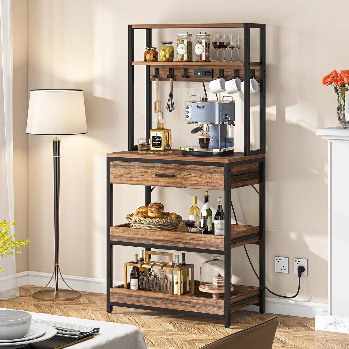 Modern Baker's Rack Shelving Unit with Pull-Out Shelves and Storage Drawer-2