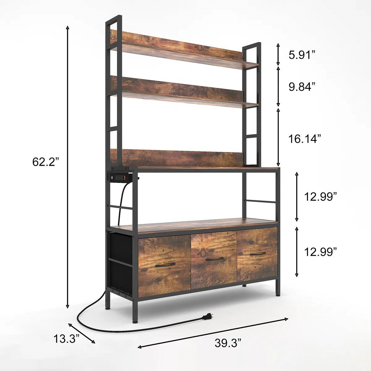 Black Metal Kitchen Baker's Rack with Brown Wood Shelves and Storage Cabinets-4
