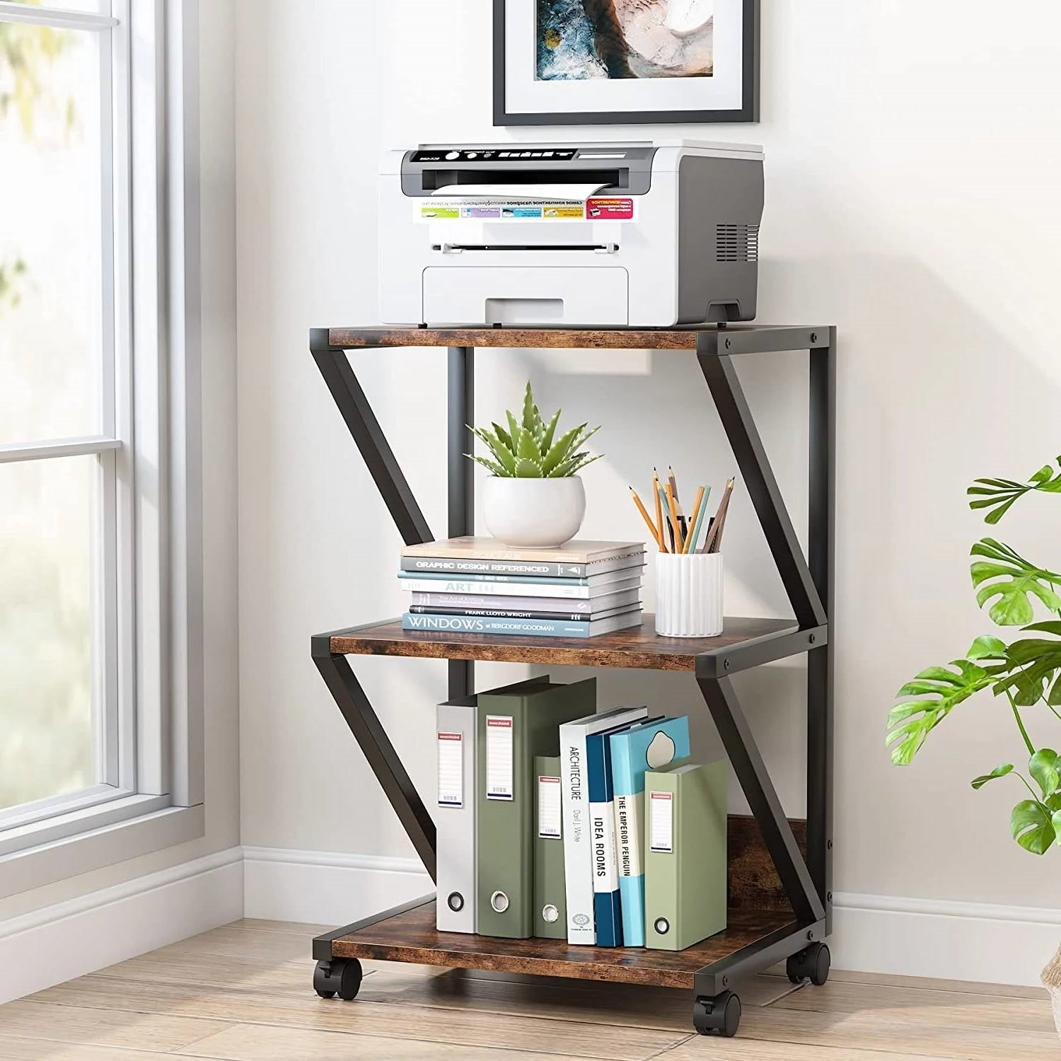 Modern Industrial Metal Wood 3-Tier Printer Stand Office Storage Cart on Wheels-0