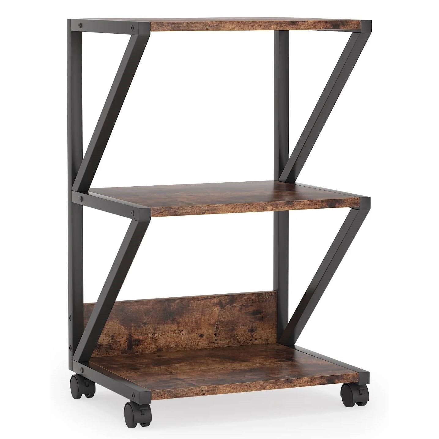 Modern Industrial Metal Wood 3-Tier Printer Stand Office Storage Cart on Wheels-1