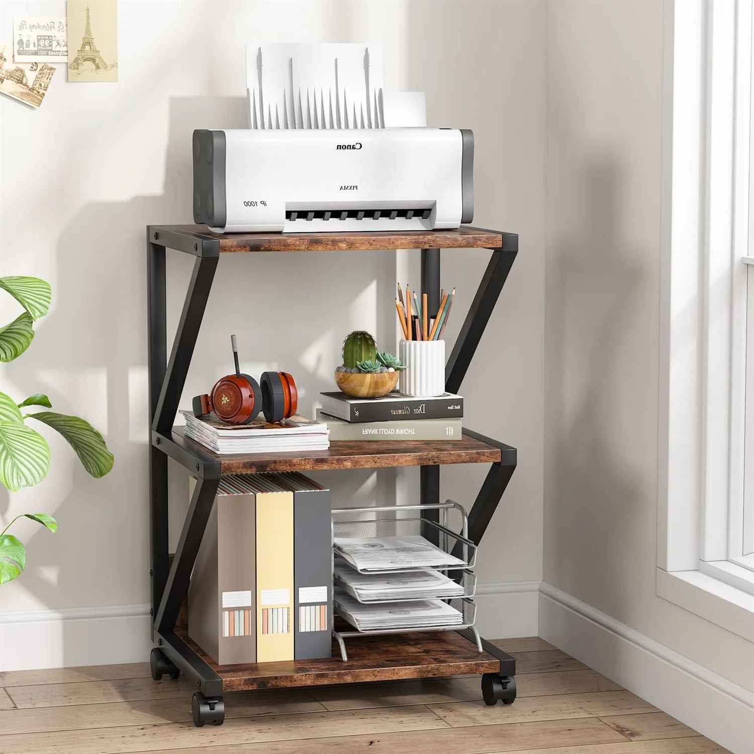 Modern Industrial Metal Wood 3-Tier Printer Stand Office Storage Cart on Wheels-2