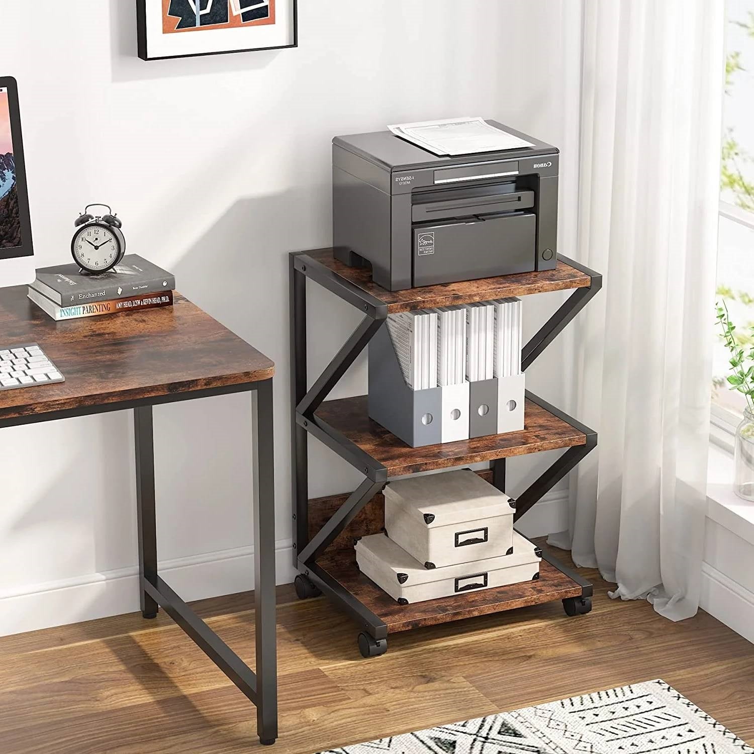 Modern Industrial Metal Wood 3-Tier Printer Stand Office Storage Cart on Wheels-3