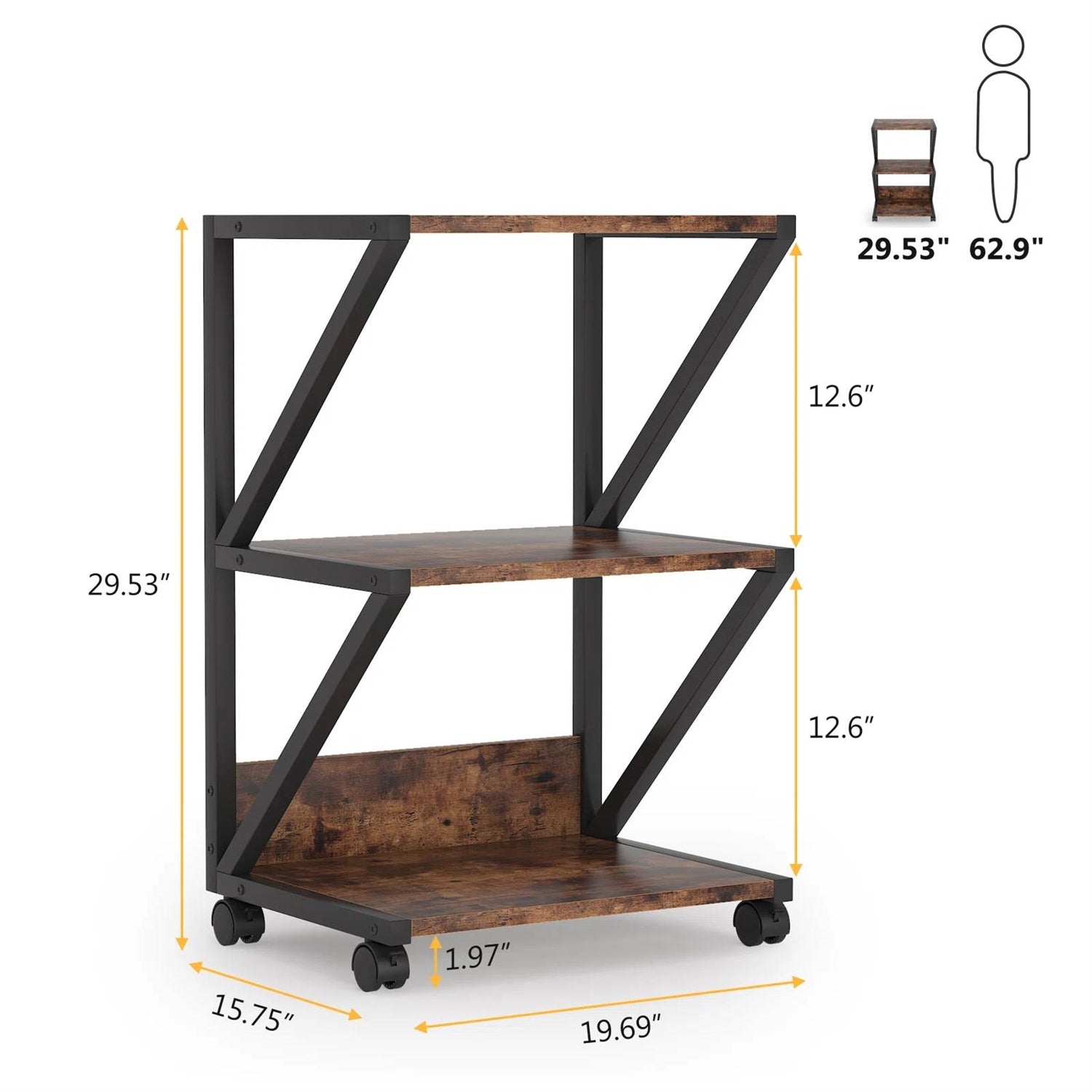 Modern Industrial Metal Wood 3-Tier Printer Stand Office Storage Cart on Wheels-4