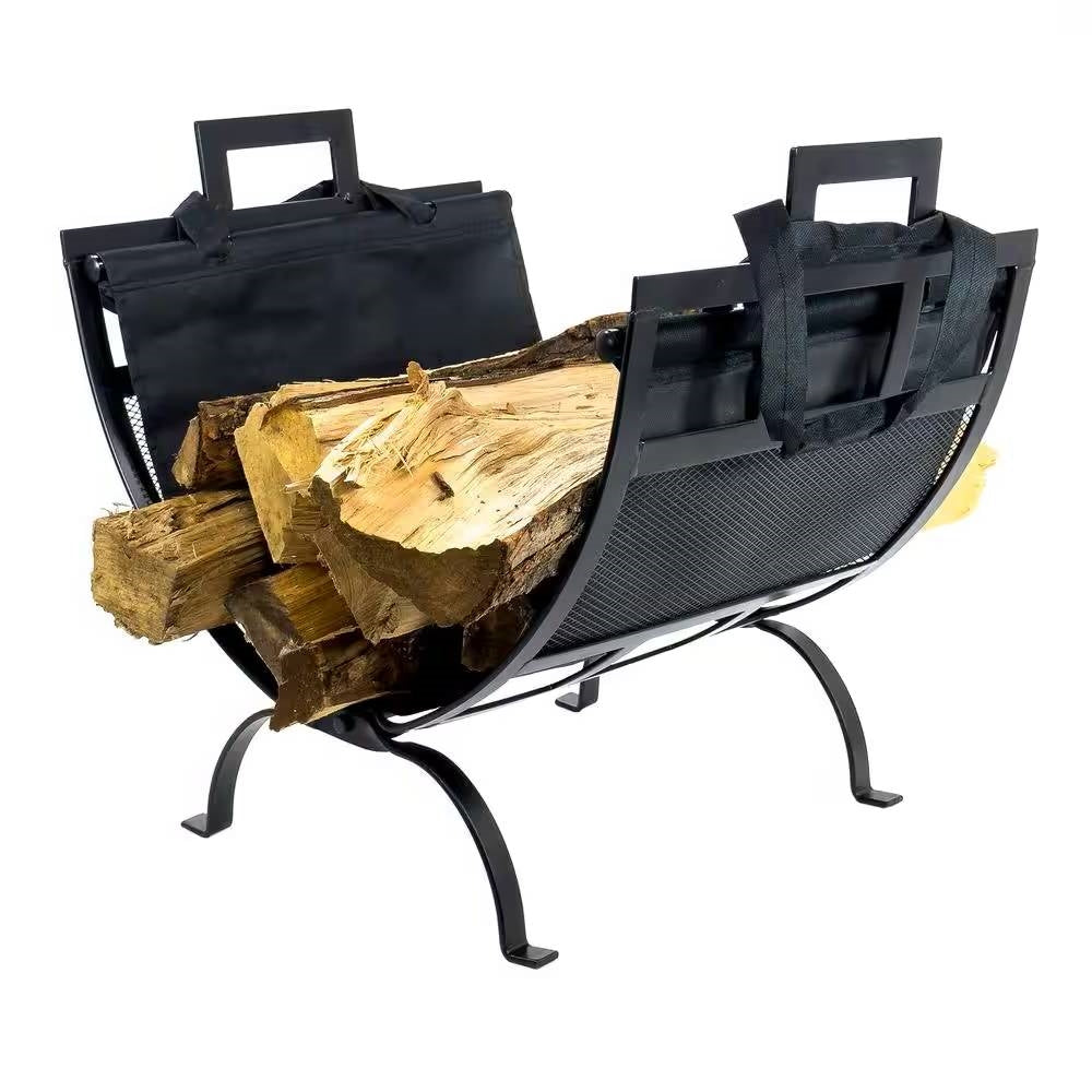 Heavy Duty 17-inch Black Metal Firewood Log Rack with Removable Canvas Tote-0